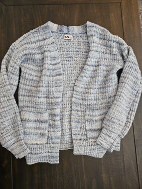 SO Blue and White Open-Front Striped Cardigan